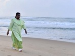 President Droupadi Murmu takes a stroll at Puri beach, Monday, July 8, 2024. (PTI Photo)
