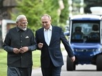 Prime Minister Narendra Modi and Russia's President Vladimir Putin walk during their meeting at the Novo-Ogaryovo state residence near Moscow, Russia July 8, 2024.