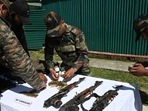 Security forces recovered AK 47 Rifles, an IED from the terrorists’ hideouts in Jammu and Kashmir. (Waseem Andrabi/HT) Security forces recovered AK 47 Rifles, an IED from the terrorists’ hideouts in Jammu and Kashmir. (Waseem Andrabi/HT)
