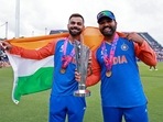 India's Captain Rohit Sharma and Virat Kohli with the ICC Mens T20 World Cup 2024 trophy, at Kensington Oval in Barbados.(ANI) India's Captain Rohit Sharma and Virat Kohli with the ICC Mens T20 World Cup 2024 trophy, at Kensington Oval in Barbados.(ANI)