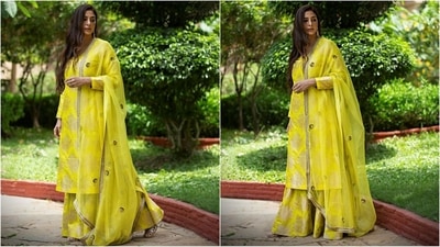 Tabu serves ethnic fashion goals with her latest look in a stunning ensemble featuring a yellow kurta adorned with intricate golden patterns, matching palazzo pants, and a sheer dupatta, exuding oomph. (Instagram/@sanamratansi) Tabu serves ethnic fashion goals with her latest look in a stunning ensemble featuring a yellow kurta adorned with intricate golden patterns, matching palazzo pants, and a sheer dupatta, exuding oomph. (Instagram/@sanamratansi)