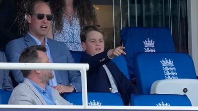Britain's Prince George, right, reacts as he watches the play with his father Prince William . (AP) Britain's Prince George, right, reacts as he watches the play with his father Prince William . (AP)