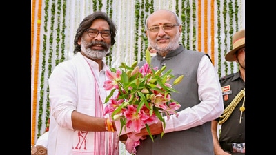 Chief minister Hemant Soren with governor CP Radhakrishnan after the swearing-in of ministers. (PTI) Chief minister Hemant Soren with governor CP Radhakrishnan after the swearing-in of ministers. (PTI)