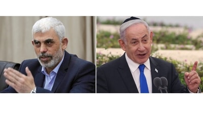 In this combination image, Hamas' leader in Gaza, Yahya Sinwar, speaks on April 13, 2022, in Gaza City, left, and Israeli Prime Minister Benjamin Netanyahu speaks on June 18, 2024, in Tel Aviv. (AP)