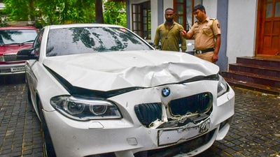 Mumbai: A damaged BMW car, which was allegedly involved in an accident that killed a woman, parked at Worli Police Station, in Mumbai, Sunday, July 7, 2024. (PTI) Mumbai: A damaged BMW car, which was allegedly involved in an accident that killed a woman, parked at Worli Police Station, in Mumbai, Sunday, July 7, 2024. (PTI)