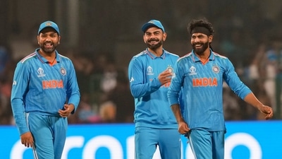 India's Ravindra Jadeja with Virat Kohli and Rohit Sharma celebrates. (PTI) India's Ravindra Jadeja with Virat Kohli and Rohit Sharma celebrates. (PTI)
