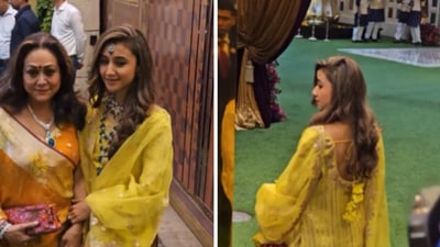 Tina Ambani posted with daughter-in-law Khrisha Shah at Radhika Merchant and Anant Ambani's haldi. (Varinder Chawla) Tina Ambani posted with daughter-in-law Khrisha Shah at Radhika Merchant and Anant Ambani's haldi. (Varinder Chawla)