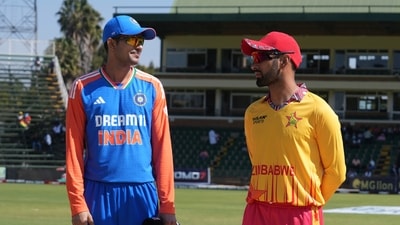 Indian captain Shubman Gill, left, and Zimbabwe captain Sikandar Raza on the pitch before the coin toss. (AP)