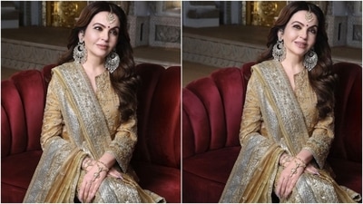 Nita Ambani looked gorgeous in a golden suit for Radhika Merchant and Anant Ambani haldi ceremony. (Instagram/@ritikahairstylist) Nita Ambani looked gorgeous in a golden suit for Radhika Merchant and Anant Ambani haldi ceremony. (Instagram/@ritikahairstylist)
