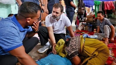 Congress leader Rahul Gandhi meeting family affected by Manipur violence at Moirang last year. (AICC) Congress leader Rahul Gandhi meeting family affected by Manipur violence at Moirang last year. (AICC)