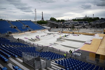 A general view shows workers carrying on works at the under construction skatepark for the upcoming Paris 2024 Olympics at La Concorde Urban Parc site in Paris on July 3, 2024. (AFP) A general view shows workers carrying on works at the under construction skatepark for the upcoming Paris 2024 Olympics at La Concorde Urban Parc site in Paris on July 3, 2024. (AFP)