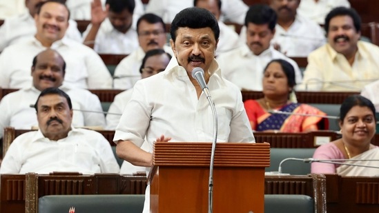 * Tamil Nadu Chief Minister MK Stalin speaks during the Tamil Nadu Assembly session in Chennai (PTI)