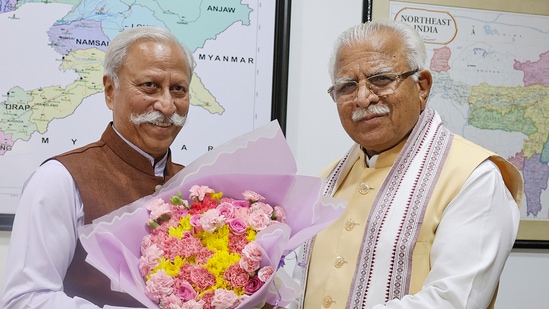 Arunachal Pradesh governor KT Parnaik and Union minister Manohar Lal Khattar in Itanagar on Monday.