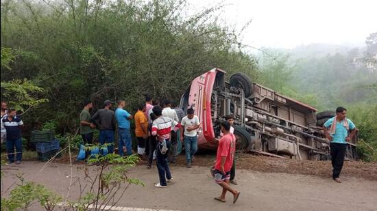 As many as 42 schoolchildren were injured when a Haryana Roadways mini bus fell into a ditch near Nolta village in the hill area of Pinjore block of Panchkula district on Monday morning. The injured were rushed to the civil hospital in Panchkula and polyclinic at Pinjore. (Sant Arora/HT)