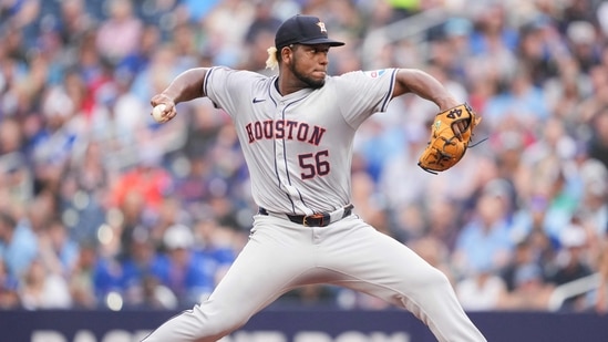 TORONTO, ON - JULY 3: Ronel Blanco #56 of the Houston Astros pitches to the Toronto Blue Jays during the first inning of their MLB game at Rogers Centre on July 3, 2024 in Toronto, Ontario, Canada. Mark Blinch/Getty Images/AFP (Photo by MARK BLINCH / GETTY IMAGES NORTH AMERICA / Getty Images via AFP)(Getty Images via AFP)