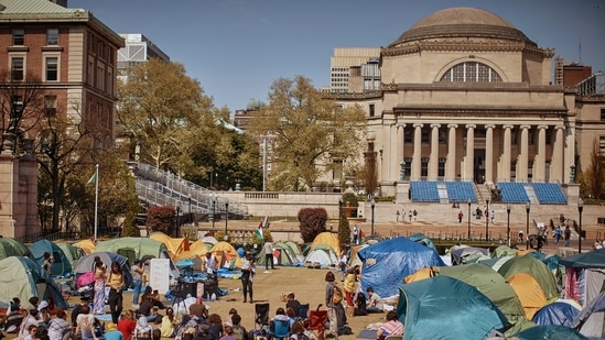 Columbia University said it has placed three administrators on leave while it investigates allegations that they exchanged unprofessional text messages while attending a panel discussion about antisemitism on campus. (AP Photo/Andres Kudacki, File)(AP)