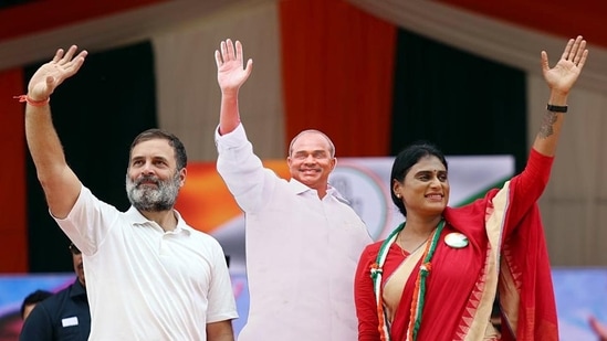 Congress MP Rahul Gandhi during a public meeting in support of the party's candidate from Kadappa seat YS Sharmila in Kadappa. (ANI)