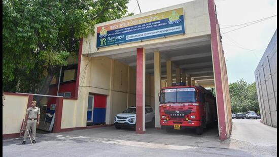 Four fire tenders were rushed to the spot. The fire was extinguished completely in an hour. An investigation revealed that the factory was sealed by the Noida authority around eight months ago. (Sunil Ghosh/HT Photo)