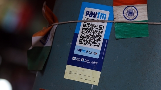 Paytm share price: A QR code for the Paytm digital payment system at a store in Mumbai, India.