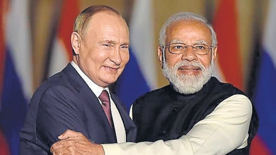 Prime Minister Narendra Modi with Russian President Vladimir Putin (Photo by Sanjeev Verma/ Hindustan Times) (Sanjeev Verma/HT PHOTO)