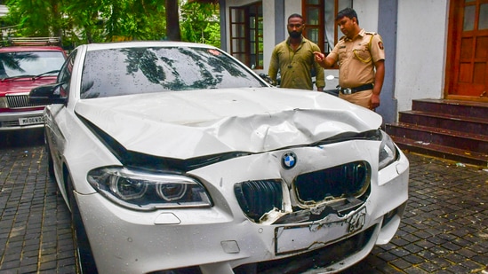 Mumbai: A damaged BMW car, which was allegedly involved in an accident that killed a woman, parked at Worli Police Station, in Mumbai, Sunday, July 7, 2024. 