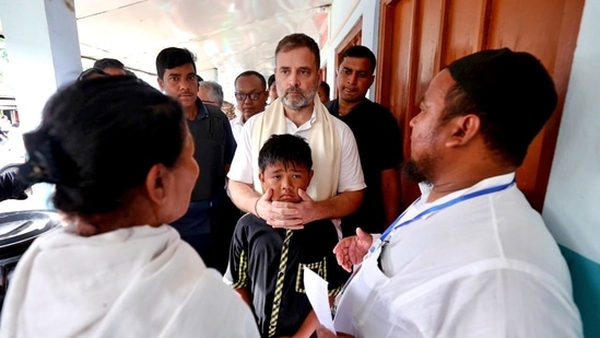 Leader of Opposition in Lok Sabha and Congress leader Rahul Gandhi meets with the victims of Manipur violence, at a relief camp in Moirang on Monday. (ANI)