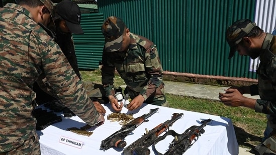 Security forces recovered AK 47 Rifles, an IED from the terrorists’ hideouts in Jammu and Kashmir. (Waseem Andrabi/HT)