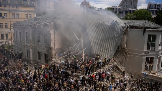 Emergency workers respond at the Okhmatdyt children's hospital hit by Russian missiles, in Kyiv, Ukraine, Monday, July 8, 2024.(AP)