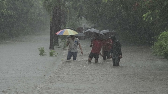 During Heavy rains water logging at Taloja MIDC in Navi Mumbai, India, on Sunday, July 7, 2024. (Photo by Bachchan Kumar/ HT PHOTO)(HT PHOTO)