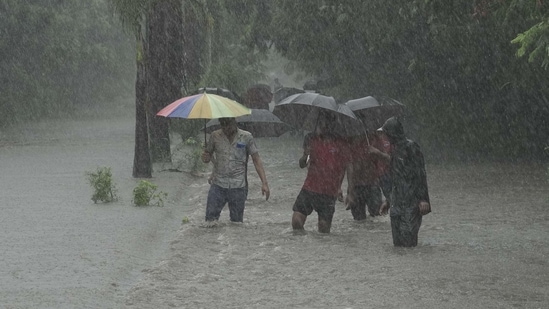 During Heavy rains water logging at Taloja MIDC in Navi Mumbai, India, on Sunday, July 7, 2024. (Photo by Bachchan Kumar/ HT PHOTO)(HT PHOTO)