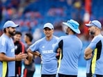 Former India head coach Rahul Dravid, batting coach Vikram Rathour, bowling coach Paras Mhambrey and captain Rohit Sharma in conversation(ANI) Former India head coach Rahul Dravid, batting coach Vikram Rathour, bowling coach Paras Mhambrey and captain Rohit Sharma in conversation(ANI)