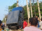 Thar SUV gets hit by speeding car, goes up electric pole on Gurugram Thar SUV gets hit by speeding car, goes up electric pole on Gurugram