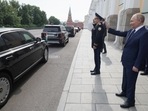 Russia's President Vladimir Putin bids farewell to India's Prime Minister Narendra Modi following their meeting at the Kremlin in Moscow, Russia July 9, 2024. Sputnik/Gavriil Grigorov/Pool via REUTERS 