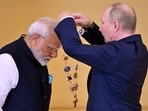 Russian President Vladimir Putin decorates Indian Prime Minister Narendra Modi with the Order of St. Andrew the Apostle the First-Called during a ceremony following their talks at the Kremlin in Moscow on July 9, 2024. (Photo by Alexander NEMENOV / AFP) Russian President Vladimir Putin decorates Indian Prime Minister Narendra Modi with the Order of St. Andrew the Apostle the First-Called during a ceremony following their talks at the Kremlin in Moscow on July 9, 2024. (Photo by Alexander NEMENOV / AFP)