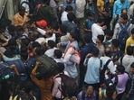 Thane, India - July 08, 2024: Due to heavy rains in Thane district, local services have been affected and as local trains are running late, there is a rush of commuters at Thane station on Monday morning , in Thane,in Mumbai, India, on, Monday, July 08, 2024. ( Praful Gangurde / HT Photo ) Thane, India - July 08, 2024: Due to heavy rains in Thane district, local services have been affected and as local trains are running late, there is a rush of commuters at Thane station on Monday morning , in Thane,in Mumbai, India, on, Monday, July 08, 2024. ( Praful Gangurde / HT Photo )