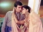Zeenat Aman with Rajesh Khanna in a still from Jaanwar.