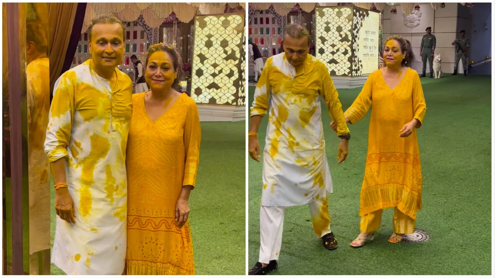 Happy Anil Ambani, Tina Ambani emerge from Anant Ambani’s wild haldi ceremony drenched in turmeric: Watch