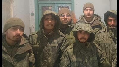 A videograb showing the Indian youths in Russian army uniforms (Sourced) A videograb showing the Indian youths in Russian army uniforms (Sourced)