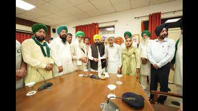 CM Bhagwant Mann handing over cheque to Shubh Karan Singh’s kin in Chandigarh on Tuesday. (HT) CM Bhagwant Mann handing over cheque to Shubh Karan Singh’s kin in Chandigarh on Tuesday. (HT)