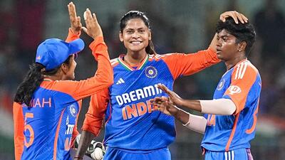 India's Pooja Vastrakar, right, celebrates the wicket of South Africa's batter Nadine de Klerk during the third T20I at the MA Chidambaram Stadium in Chennai on Tuesday. (PTI) India's Pooja Vastrakar, right, celebrates the wicket of South Africa's batter Nadine de Klerk during the third T20I at the MA Chidambaram Stadium in Chennai on Tuesday. (PTI)