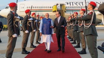 Prime Minister Narendra Modi upon his arrival in Vienna. (.X/MEA) Prime Minister Narendra Modi upon his arrival in Vienna. (.X/MEA)