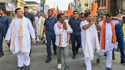 BJP leader Suvendu Adhikari and party state President and Union Minister of State Sukanta Majumdar during an election campaign rally ahead of the Raiganj Assembly Constituency bypoll, in North Dinajpur (PTI Photo) (PTI) BJP leader Suvendu Adhikari and party state President and Union Minister of State Sukanta Majumdar during an election campaign rally ahead of the Raiganj Assembly Constituency bypoll, in North Dinajpur (PTI Photo) (PTI)