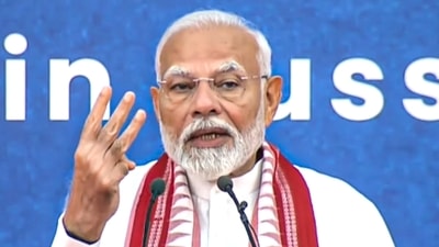 Prime Minister Narendra Modi addresses the Indian community in Russia during a programme in Moscow, Tuesday, July 9, 2024. (PTI) Prime Minister Narendra Modi addresses the Indian community in Russia during a programme in Moscow, Tuesday, July 9, 2024. (PTI)