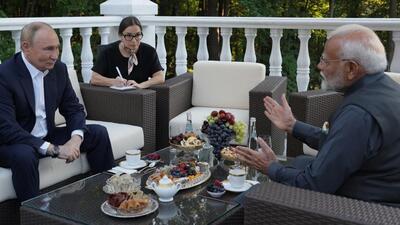 Russia's President Vladimir Putin and Prime Minister Narendra Modi attend a private meeting at the Novo-Ogaryovo state residence near Moscow on July 8 (via REUTERS) Russia's President Vladimir Putin and Prime Minister Narendra Modi attend a private meeting at the Novo-Ogaryovo state residence near Moscow on July 8 (via REUTERS)