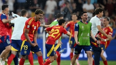 Spain's Lamine Yamal celebrates after the match. (REUTERS)