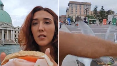 The image shows the seagulls attacking and snatching a woman’s sandwich while she was live streaming. (Screengrab)