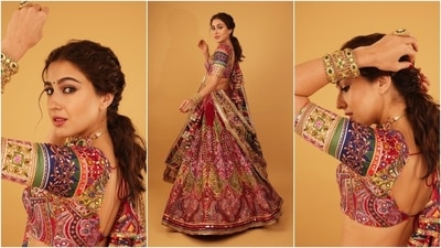 Sara accessorised the traditional lehenga with an embroidered potli bag, a choker necklace, kadhas, and rings. Lastly, she completed her glam with a green bindi, twisted ponytail, kohl-lined eyes, mascara on the lashes, gold eye shadow, feathered brows, pink lips, and feathered brows. (Instagram) Sara accessorised the traditional lehenga with an embroidered potli bag, a choker necklace, kadhas, and rings. Lastly, she completed her glam with a green bindi, twisted ponytail, kohl-lined eyes, mascara on the lashes, gold eye shadow, feathered brows, pink lips, and feathered brows. (Instagram)