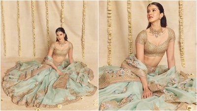 Meanwhile, for the accessories, Shanaya wore a mang tika, a choker necklace, flower-shaped earrings, and a gajra adorned on her half-up, half-down hairdo. Lastly, winged eyeliner, feathered brows, glossy pink lips, and rouge-tinted cheeks rounded off the glam. (Instagram) Meanwhile, for the accessories, Shanaya wore a mang tika, a choker necklace, flower-shaped earrings, and a gajra adorned on her half-up, half-down hairdo. Lastly, winged eyeliner, feathered brows, glossy pink lips, and rouge-tinted cheeks rounded off the glam. (Instagram)