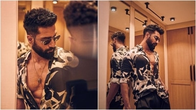 Vicky wore a printed black-and-white skirt and matching pants to promote Bad Newz. Celebrity stylist Anaita Shroff Adjania styled Vicky in the ensemble - the pants are from Rosani, and the abstract printed shirt is from Line Out Line. He accessorised the look with sunglasses from Burberry and a stylish chain from Louis Vuitton.&nbsp; (Instagram)