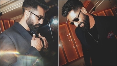 The second look features Vicky in a sleek black suit. He wore a stylish tailored blazer, a crewneck T-shirt, and matching pants. The jacket has a double-breast style, ornate gold buttons, a shawl lapel, padded shoulder, and full-length sleeves.&nbsp; (Instagram)